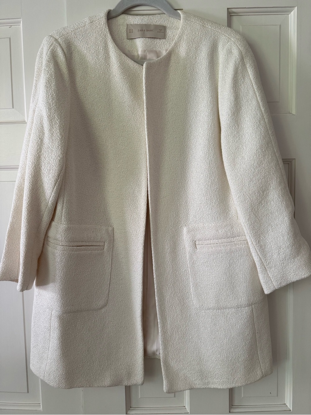Zara Cream Bouclé Collarless Open-Front Coat - Women's